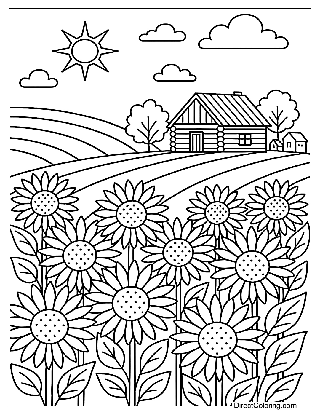 Coloring page of a sunflower field behind a village and a wooden house.